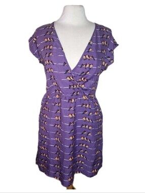 Angie Womens Bohemian Purple Striped Bird Short Sleeve Dress Sz M With Pockets